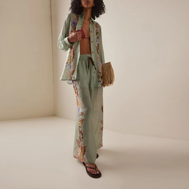 2025, Frühling, Sommer, Urlaub, neues irt-Top mit australischem Druck und Hosen mit weitem Bein, lässiges zweiteiliges Set für Damen, Faion Ensemble