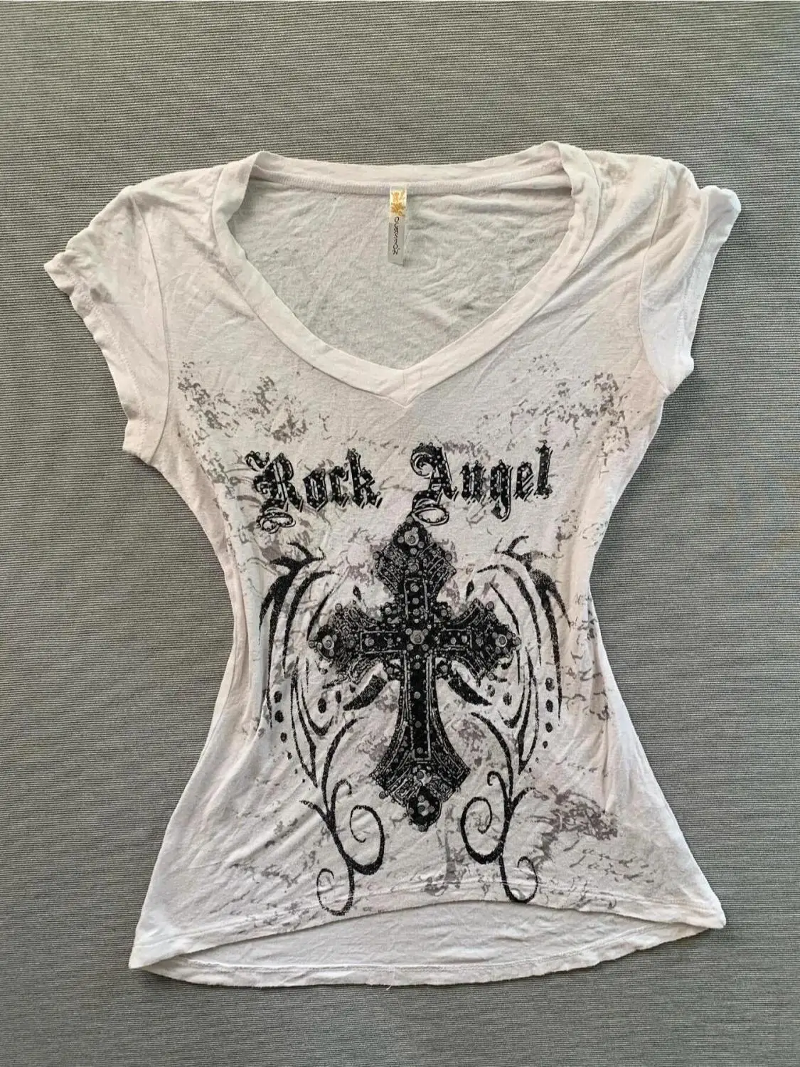 \Y2K Punk Short Sleeve T-shirts Retro Subculture Cross Angel Wing Print T Shirt gothic clothes Punk High Street Hottie Tee Women