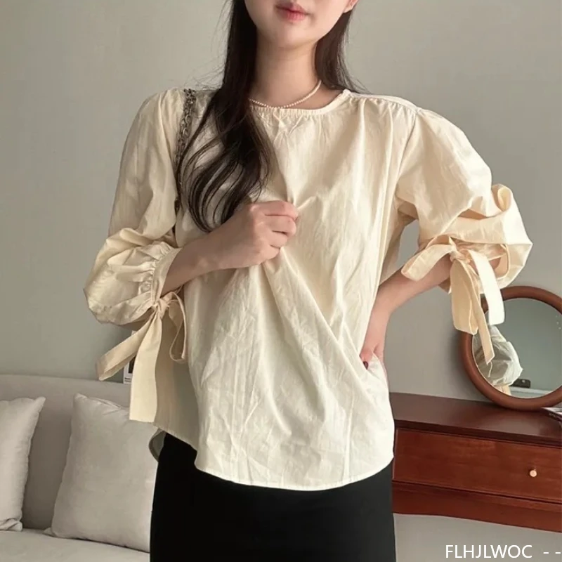 Fliege Tops Blusen süße süße Mädchen Frau Herbst Frühling All-Match-Kleidung Retro Vintage Preppy Japan Stil Baumwollmischungen Top
