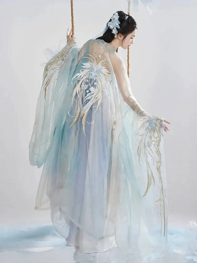 Hanfu 여자 큰 소매 셔츠 자수 요정 정장 어깨 끈 Hezi 스커트 실크에 드레이프