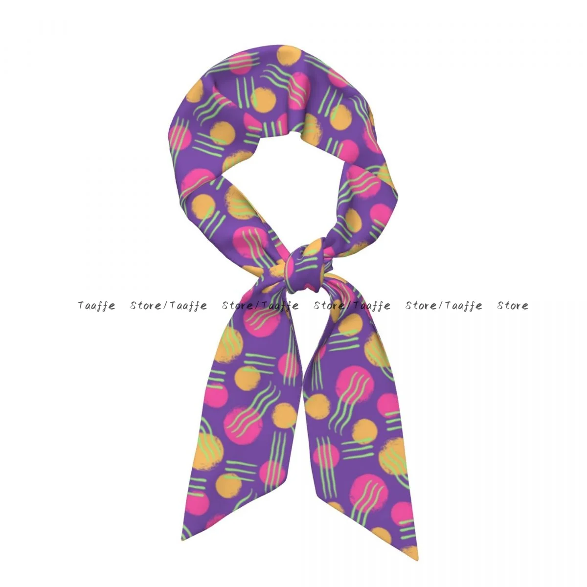 7.6x128cm Long Skinny Hair Scarf Women Imitation Silk Satin Headband Abstract Circles Lines Neckerchief Ladies Bag Scarves