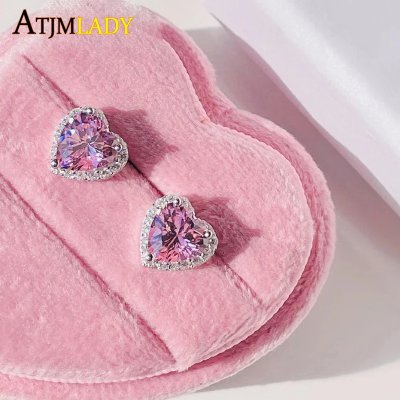 2025 moda cuadrado en forma de corazón helado Rosa Bling Cubic Zirconia pendientes perforados elegante Simple novias joyería de mujer