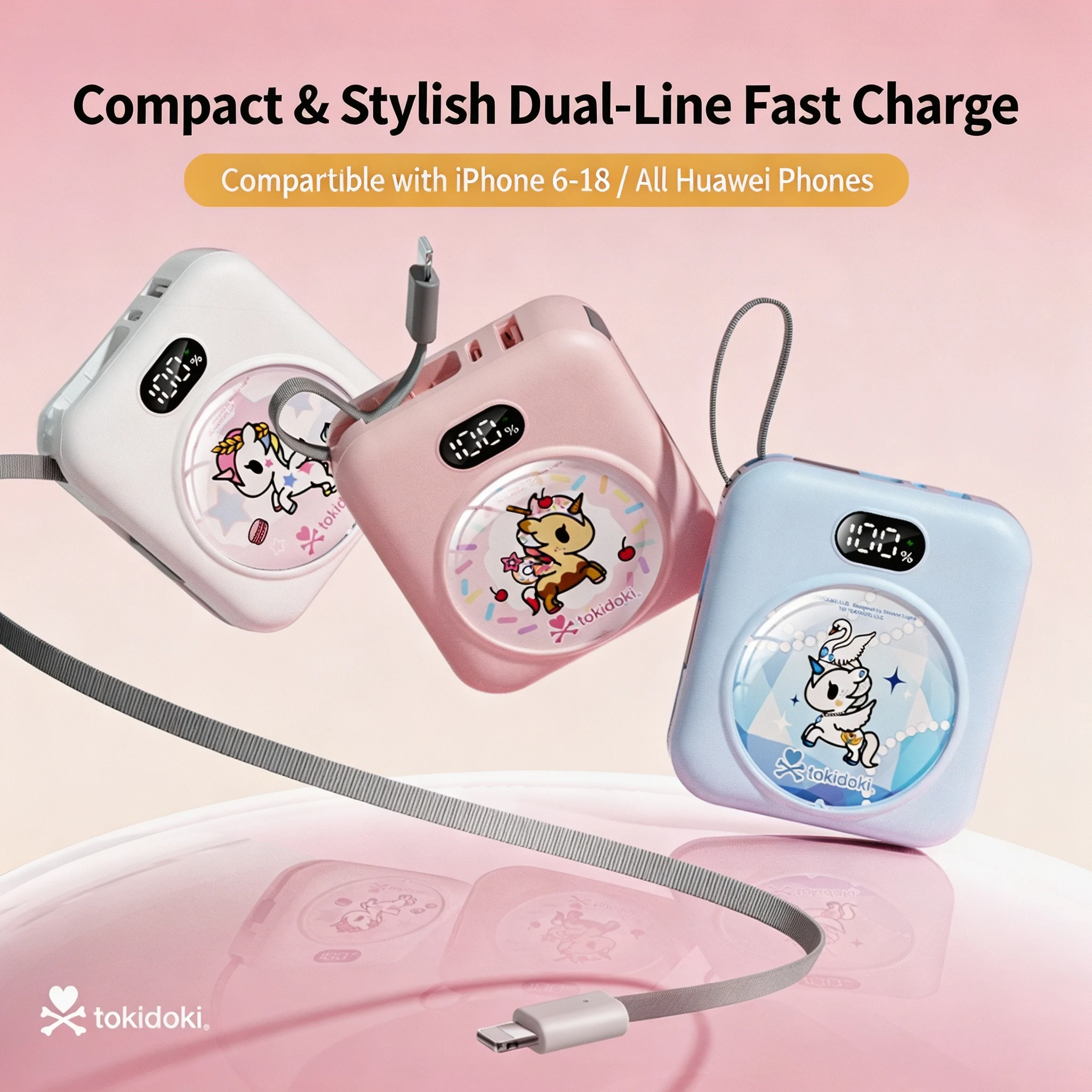 Tokidoki DC‑D12 Fast Charging Power Bank With Built-In Cable 10000mAh Power Bank Fast Charge Portable Mobile Slim Large Capacity