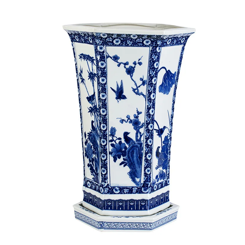 

Hand painted, blue and white ceramic, hexagonal, orchid, large, bonsai