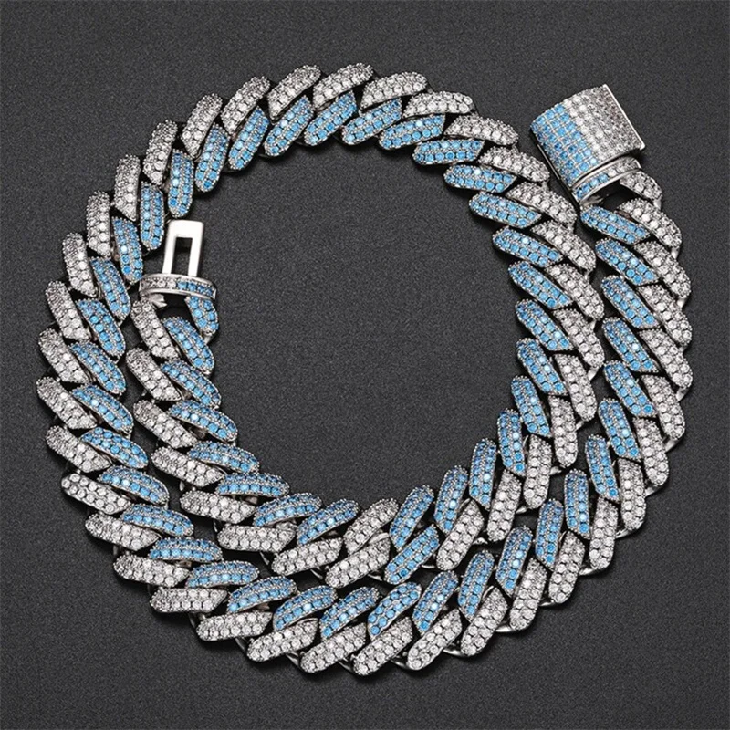 14mm 2 Row 2 Tone Custom Hip Hop Cuban Link Chain Blue White Gold Plated Iced Out Sterling Silver 925 Moissanite Cuban Necklace