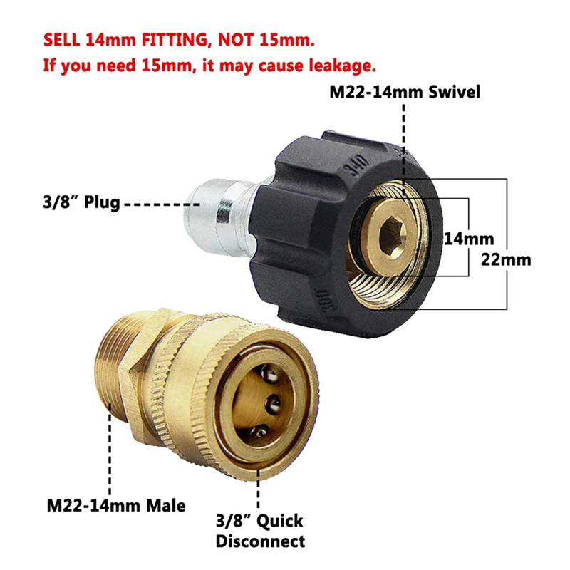 Pressure Washer Quick Connector Adapter Kit M22 14mm x 3/8inch Quick Disconnect Plug 5000PSI High Pressure Brass Fitting