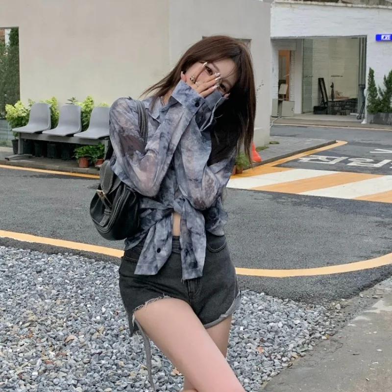 

Рубашки женские солнцезащитный крем Tie Dye тонкие дышащие мешковатые повседневные повседневные уличные Ulzzang крутые студенческие летние привлекательные стильные