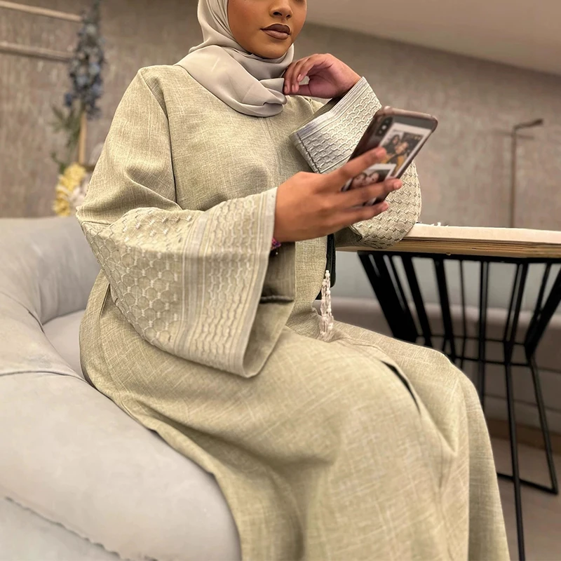 

Women Fashion Loose Muslim Cardigan Dress Casual Button Draped Solid Long Dress Elegant O-neck Embroidery Long Sleeve Robe Dress