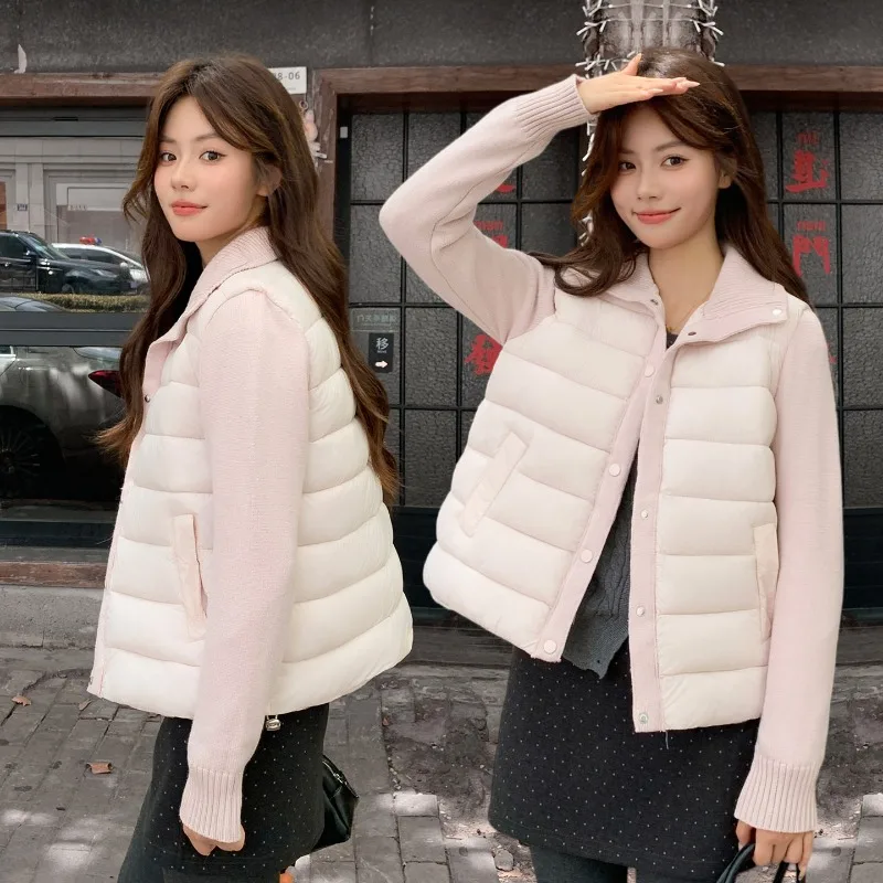 Knit Sleeve Splicing Solid Women Short Jackets Lapel Padded Quilted Snap Button Pocket Windproof Loose Soft Outer Layer Clothing