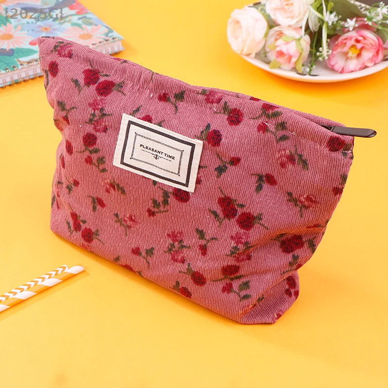 

Corduroy Retro Flower Cosmetic Bag Zipper Organizer Clutch Bag Portable Toiletry Case For Girls Lipstick Coin Handbag
