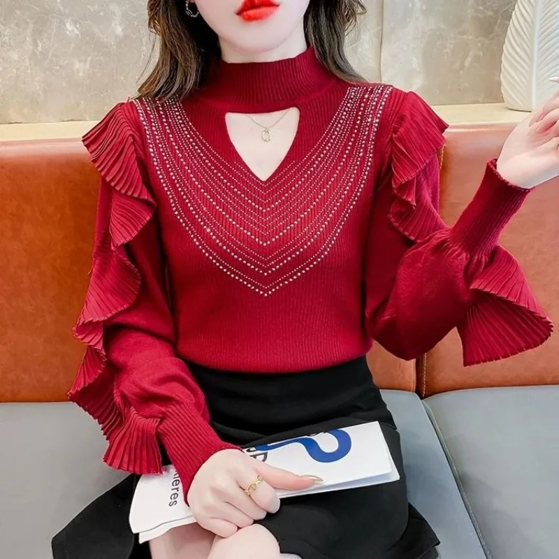 Women's Autumn Winter Fashion Solid Color Half High Neck Hollow Rhinestone Ruffle Edge Long Sleeve Slim Fit Sweater Shirt Tops