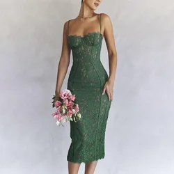 Elegant Backless Midi Dress In Green Spaghetti Strap Lace Sleeveless Midi Dress Wedding Guest Evening Party Dresses Birthday Dre