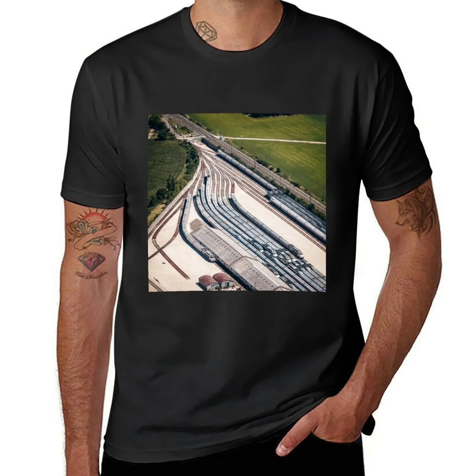 Multiple high speed French TGV trains aerial view T-Shirt Blouse oversized mens funny t shirts