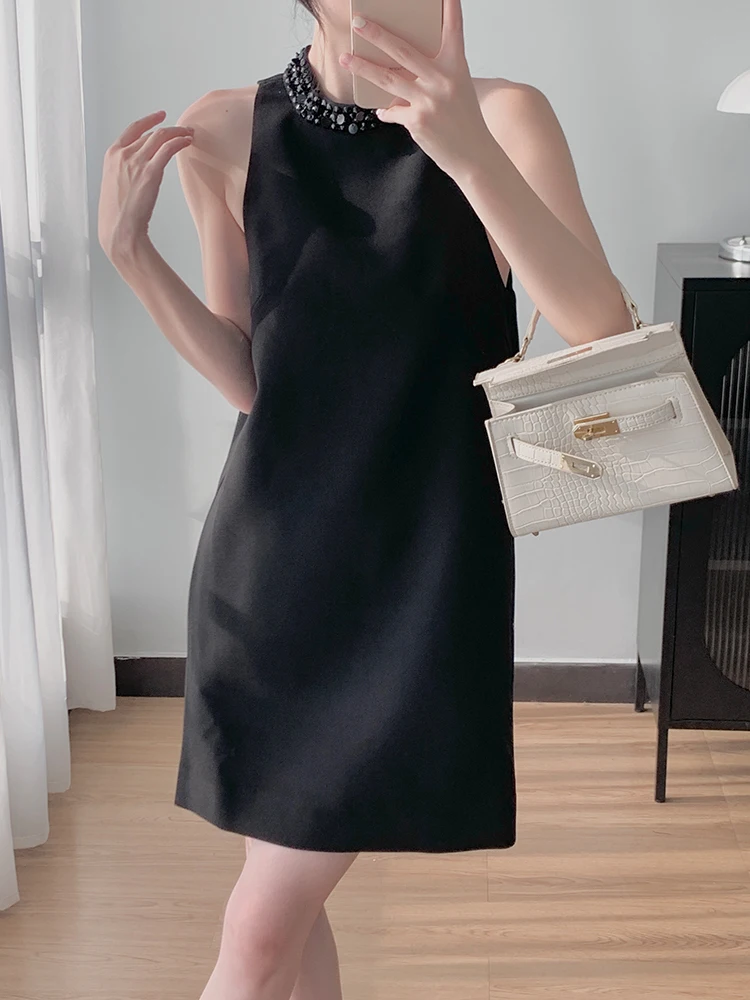 

Новая женская юбка SD Pure IULV2025 весна-лето, черная, с пайетками, круглым вырезом, на бретельках, А-силуэт