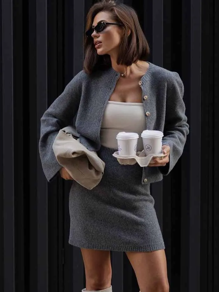 

BKQU Casual Single Breasted Skirt Suit Women Long Sleeve Round Neck Solid Knitted Cardigan Set Daily Fashion Autumn Commute Set