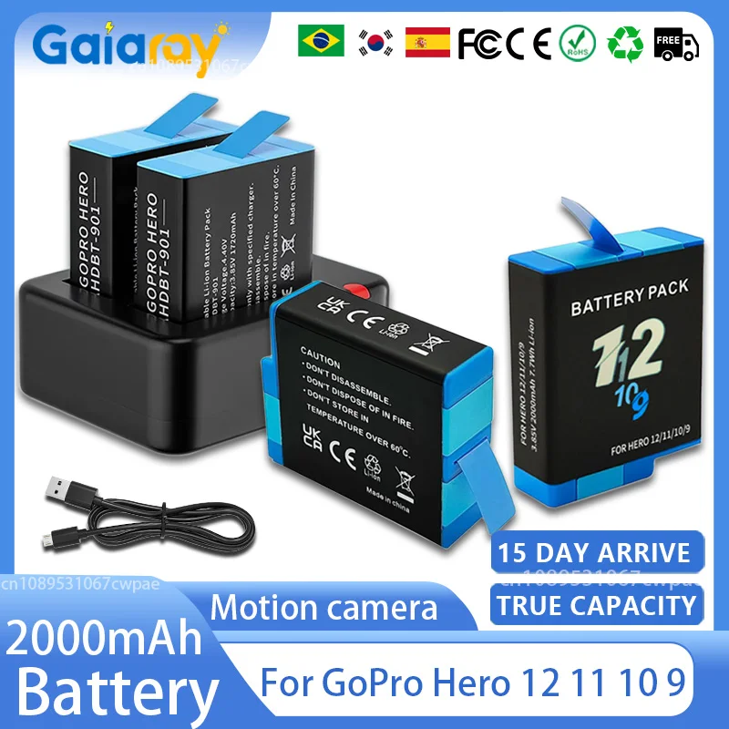 2000mAh Battery For GoPro Hero 12 11 10 9 Battery Dual Port Slot Dual Battery Charger Usb Cable For GoPro Hero Accessories