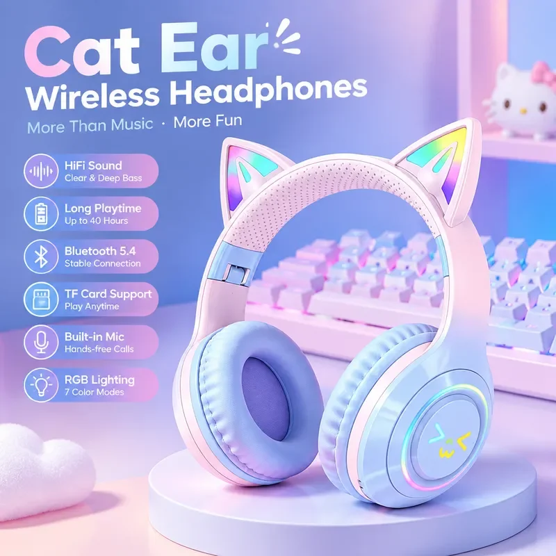 for 2026 Popular Cat Ear High Value Luminous Headset Bluetooth E-sports Game Headset