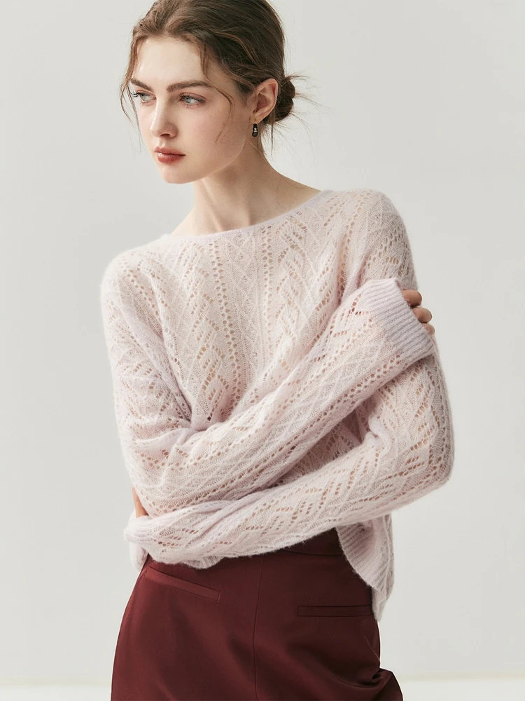 

CHICUU Women's Hollow Out Cashmere Pullover Sweater O-neck Long Sleeve Jumper 100% Cashmere Knitwear Spring Autumn Fashion Tops