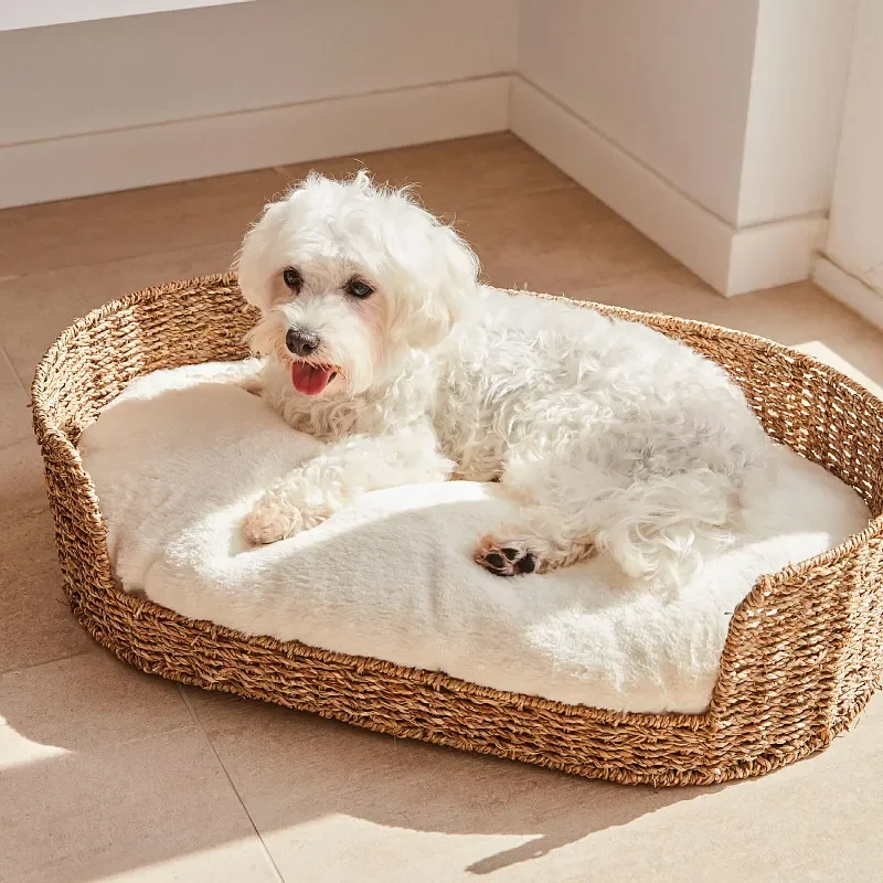 Summer Cool Rattan Dog Bed Breathable Pet Cushion for Small Medium Dogs Cats Durable Woven Kennel Nest Indoor Outdoor