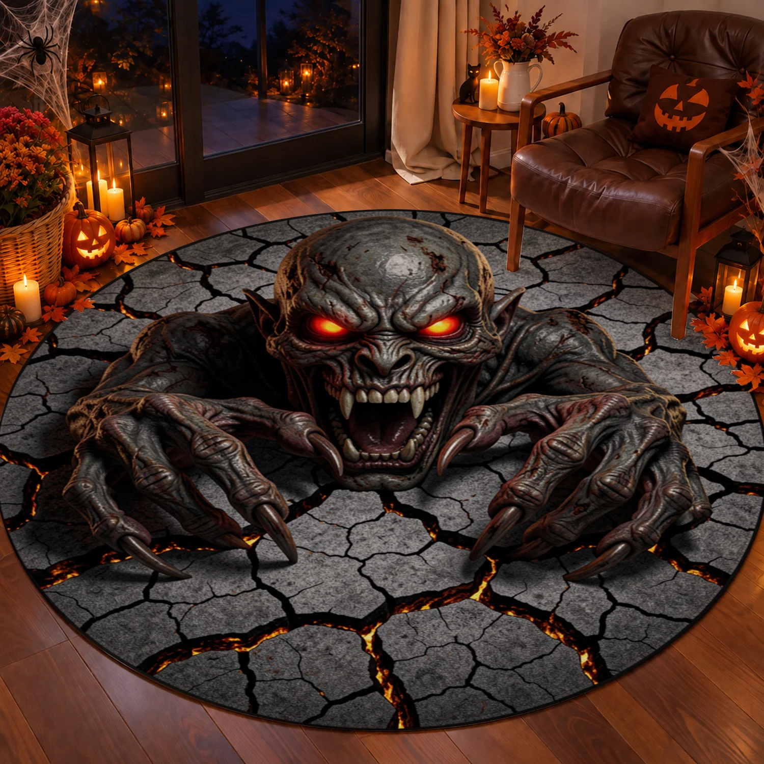 Spooky Demon Breaking through Cracked Ground Round Rug Velvet Machine Washable for Living Room Bedroom Entryway Porch Halloween Thanksgiving Black Friday Cyber Monday Christmas New Year
