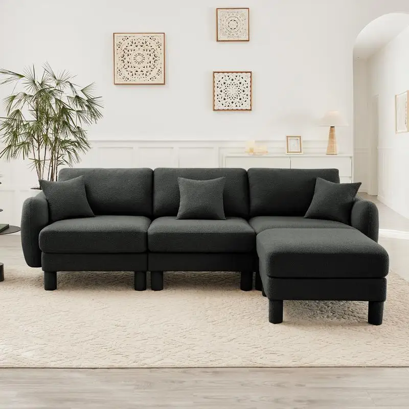 Dark Grey Boucle Fabric Convertible L-Shaped Sectional Sofa Couch with Unique Shell Armrests and Removable Ottoman, Cylindrical