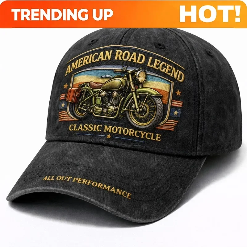 Dynamic American Road Legend Classic Motorcycle Cap | A Valued Collectible Celebrating Vintage Ride Spirit, Woven Fabric Custom