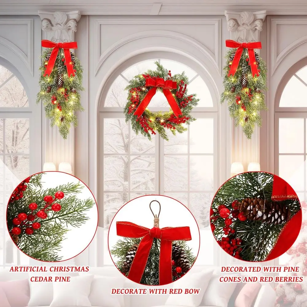 مجموعة 24 إكليل عيد الميلاد الاصطناعي المضاء مسبقًا مع الصنوبر والسرو والأقواس والتوت لديكور العطلة الخارجية #3