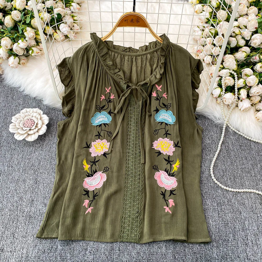 بلوزة نسائية صيفية بوهيمية موديل 2025 بدون أكمام بحافة أذن خشبية ورقبة على شكل حرف v بلوزات قميص مطرزة بالزهور بلوزة شاطئ بوهو غير رسمية #3