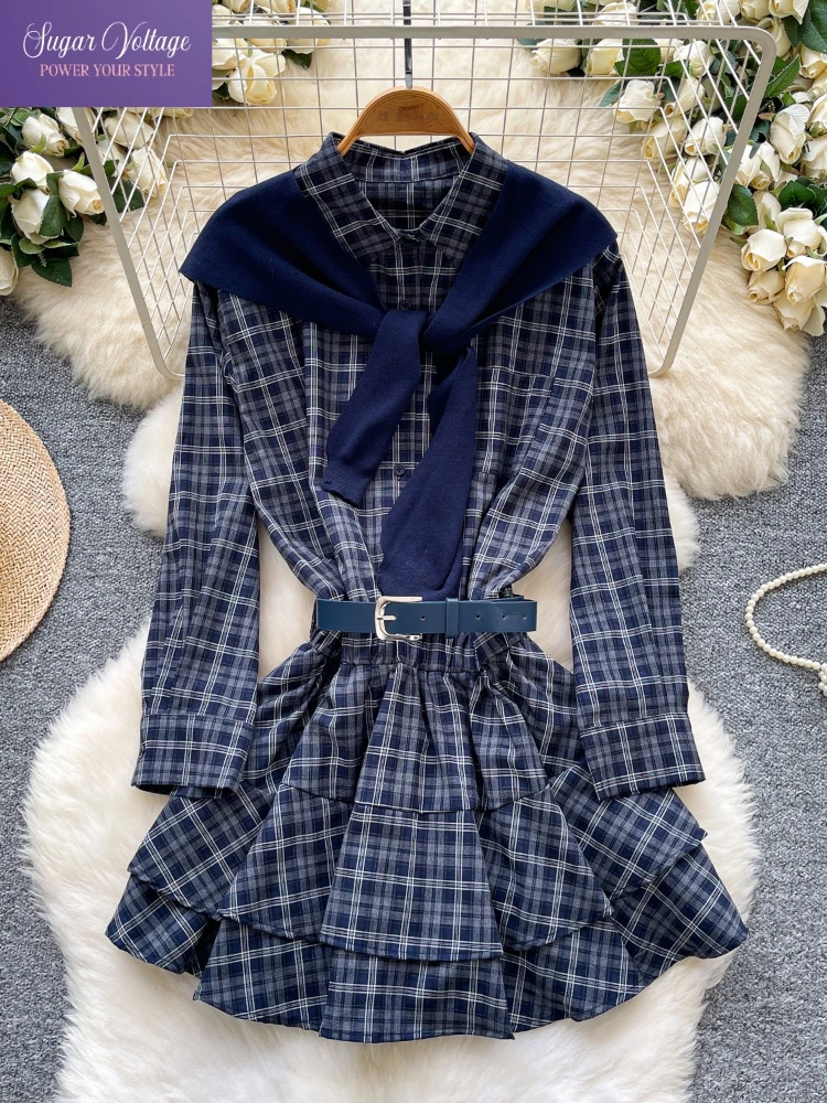 Vestido xadrez vintage coreano feminino, outono, manga longa, babado, bainha, cinto, midi, com xale de malha, estilo retrô chique