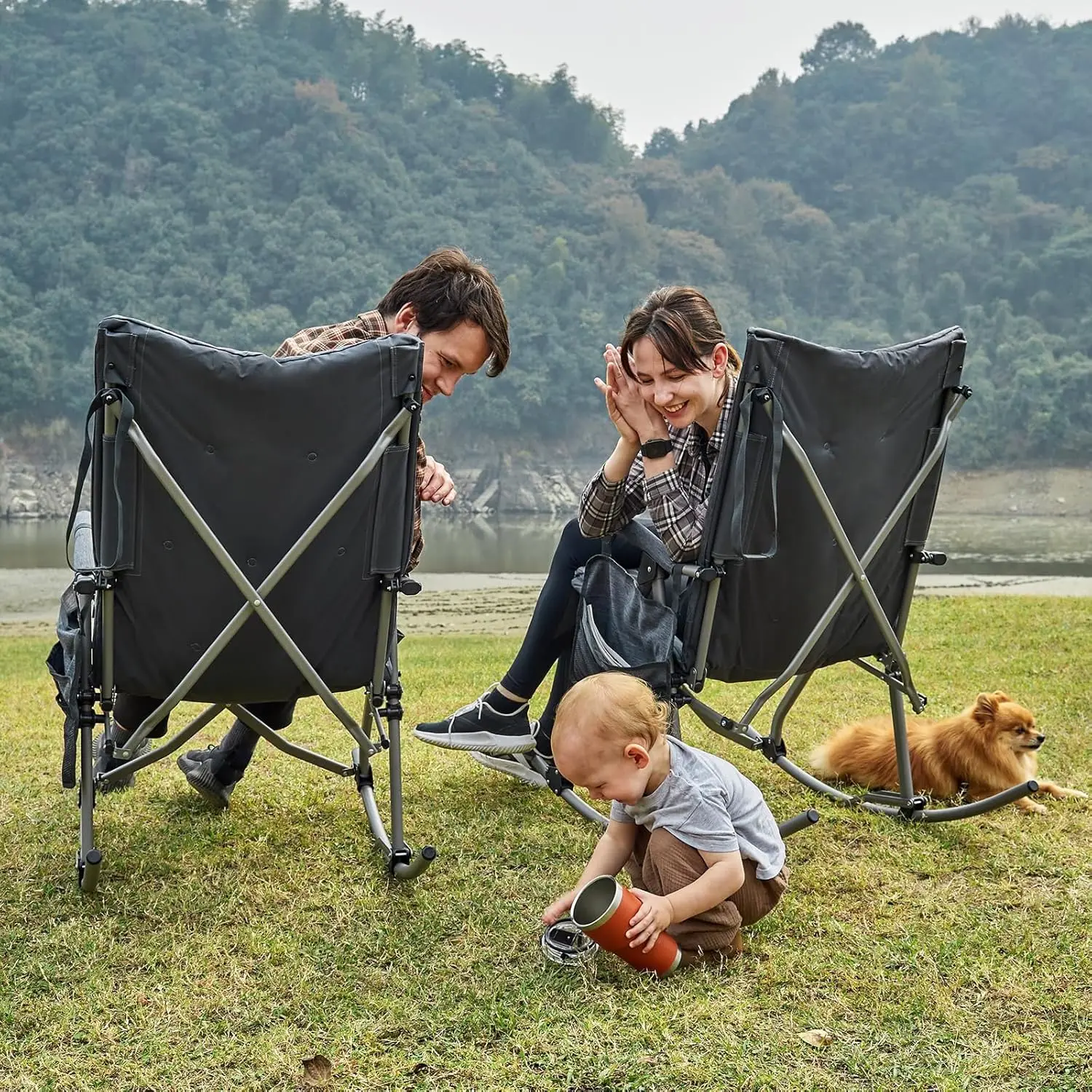 Outdoor Camping and Patio Rocking Chair, Padded Material, Grey Color, Folding and Portable