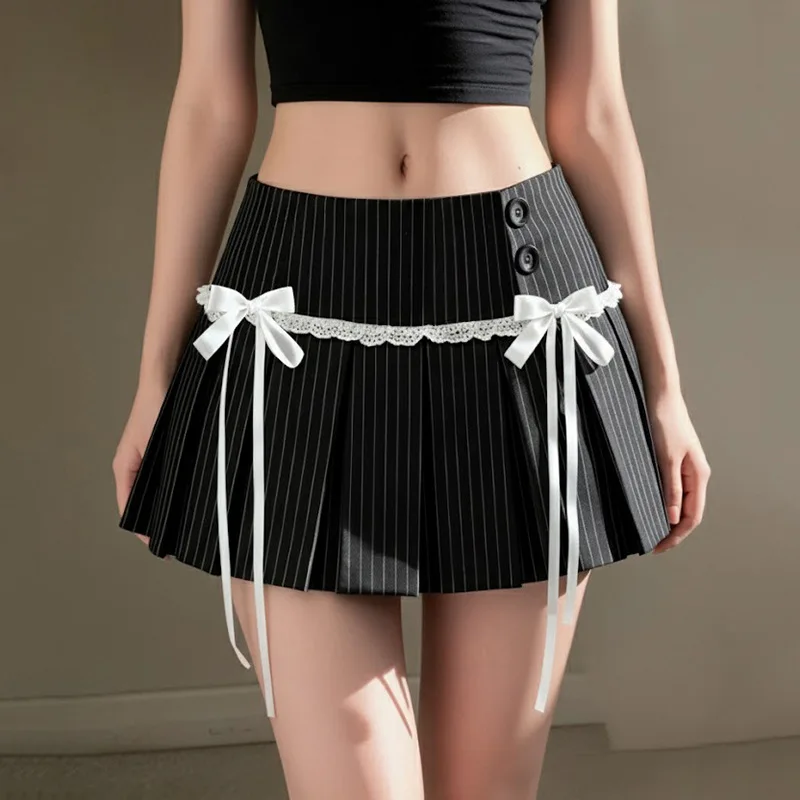

Japanese Style Bow Striped Pleated Skirt 2026 Summer New Low-rise Women's Mini Skirt