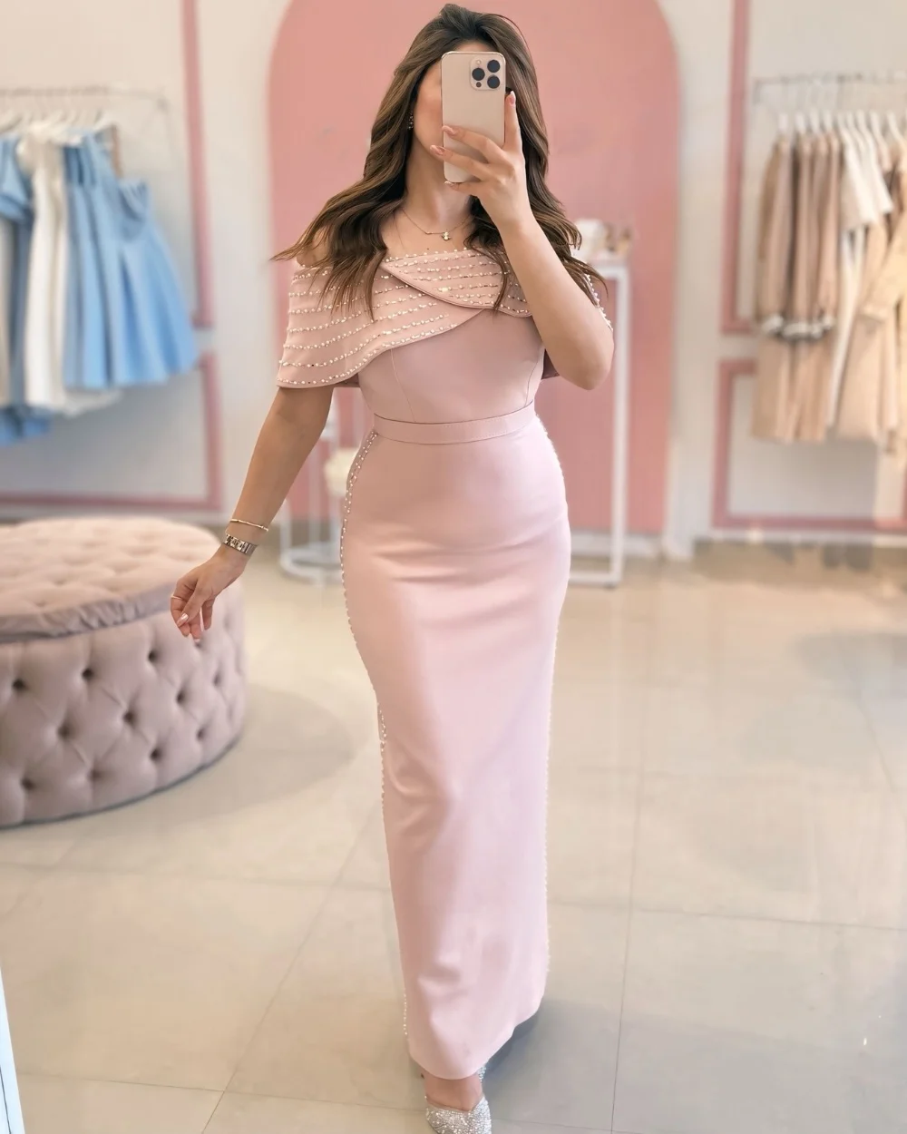 

Customized Classic Casual Jersey Pleat Beading Pearl Straight Off-the-shoulder Long Dresses Bespoke Occasion Dresses Fashion