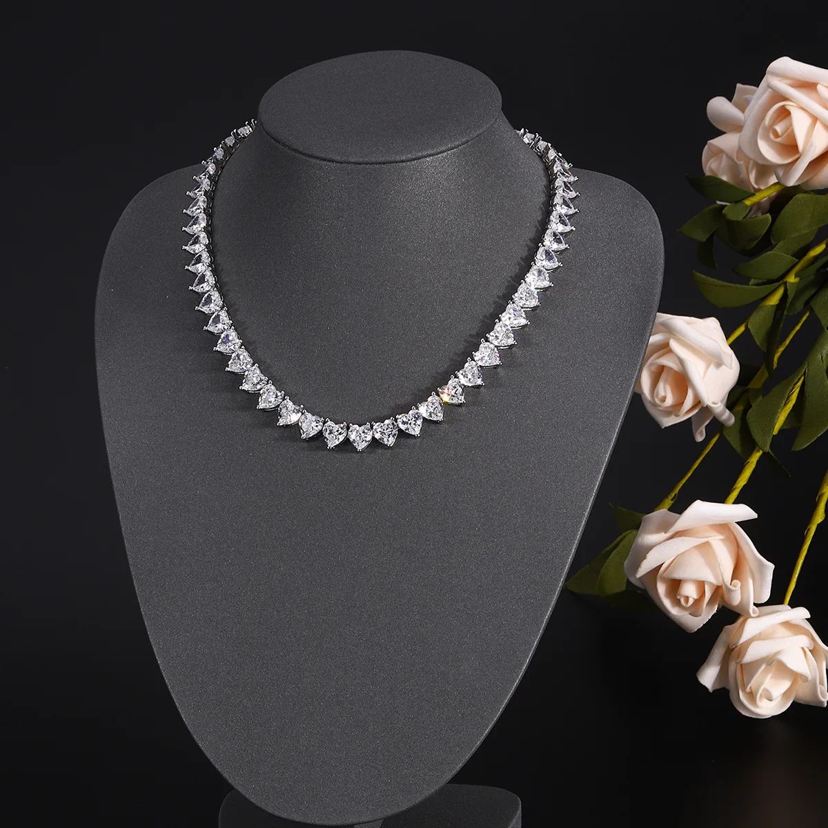 2-Pieces Wedding Bridal Jewelry Sets For Women Cubic Zirconia Simple Necklace Earring Set Party Prom Lady Heart Choker Necklace