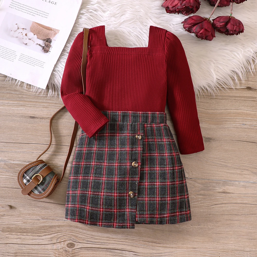 Girls' Autumn New Solid Knitted Top+Checkered Skirt Set