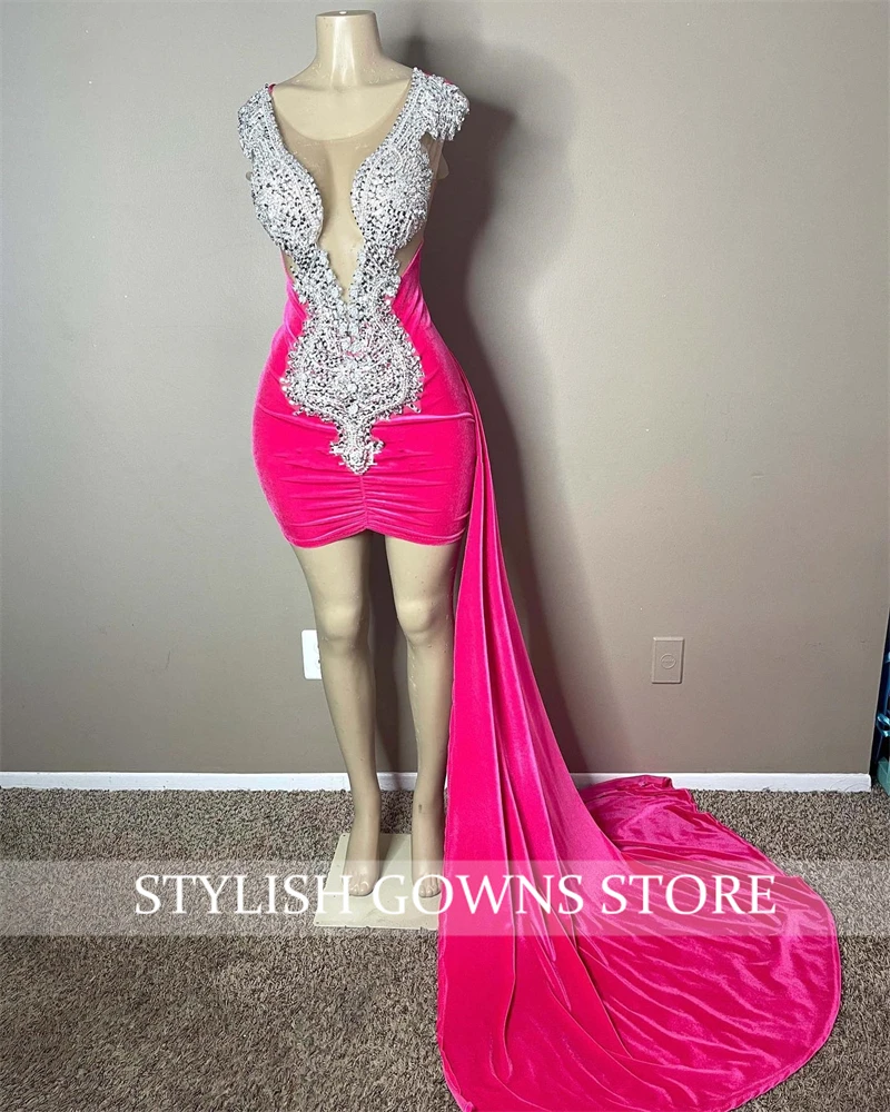 Sexy Pink Short Prom Dress Beaded Crystal Celebrity Gown Mermaid Birthday Party Dresses Mini Cocktail For Black Girls Customized