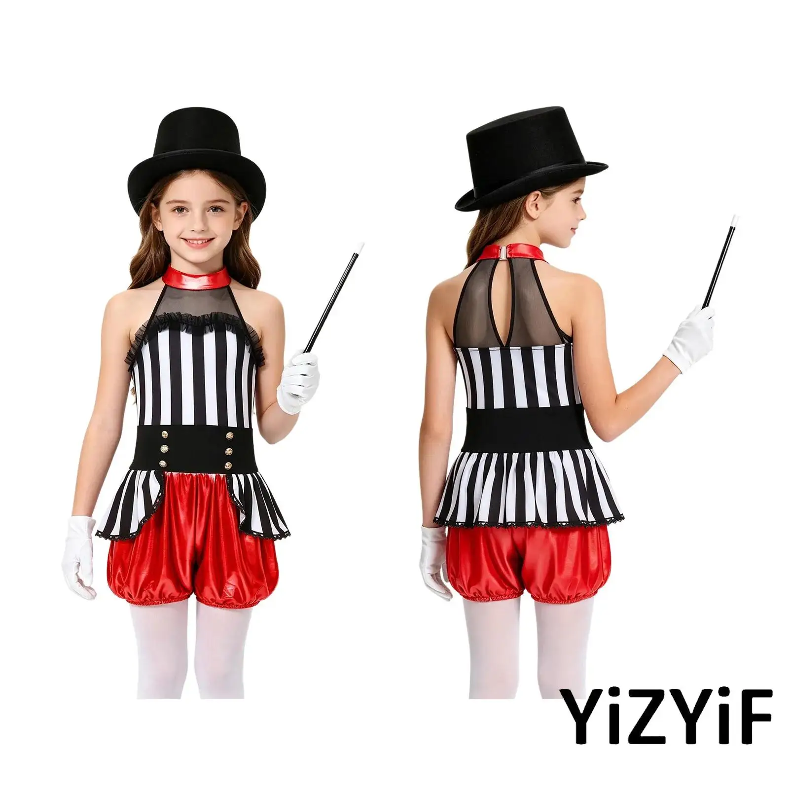 

Girls 4 Piece Circus Ringmaster Magician Costume Sleeveless Metallic Gloss Patchwork Jumpsuit with Magic Wand Hat Gloves Set