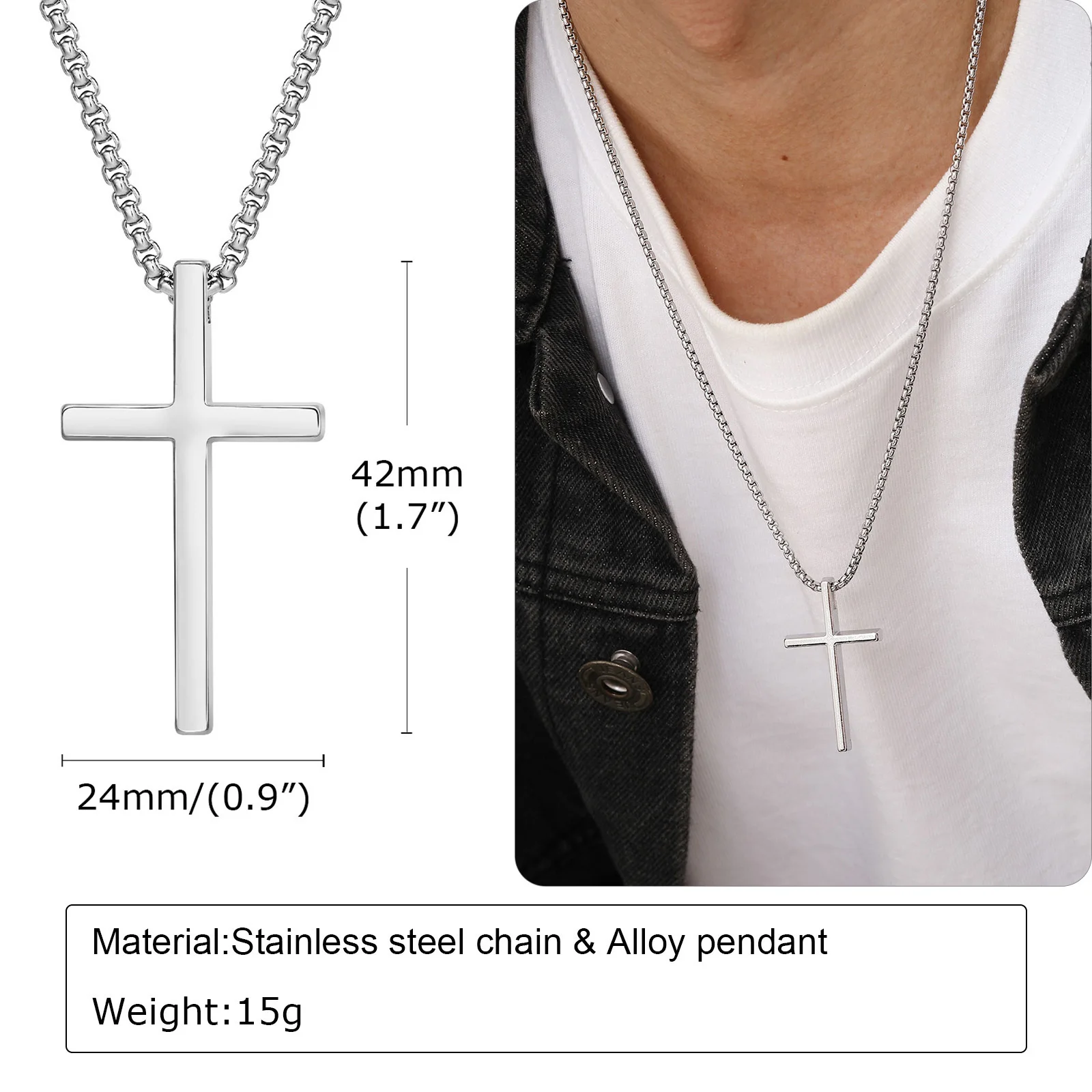 Vnox kruisketting voor heren dames, zilverkleurige effen kruishangerkraag met roestvrijstalen doosketting