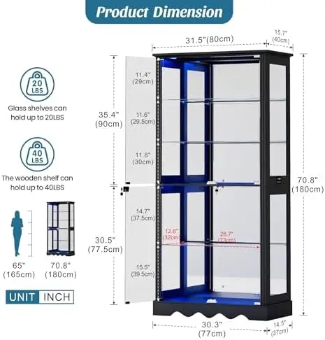 Display Cabinet with Glass Doors, RGB Lights for Collectibles | 71'' Tall with Adjustable Shelves, Human Sensor LED
