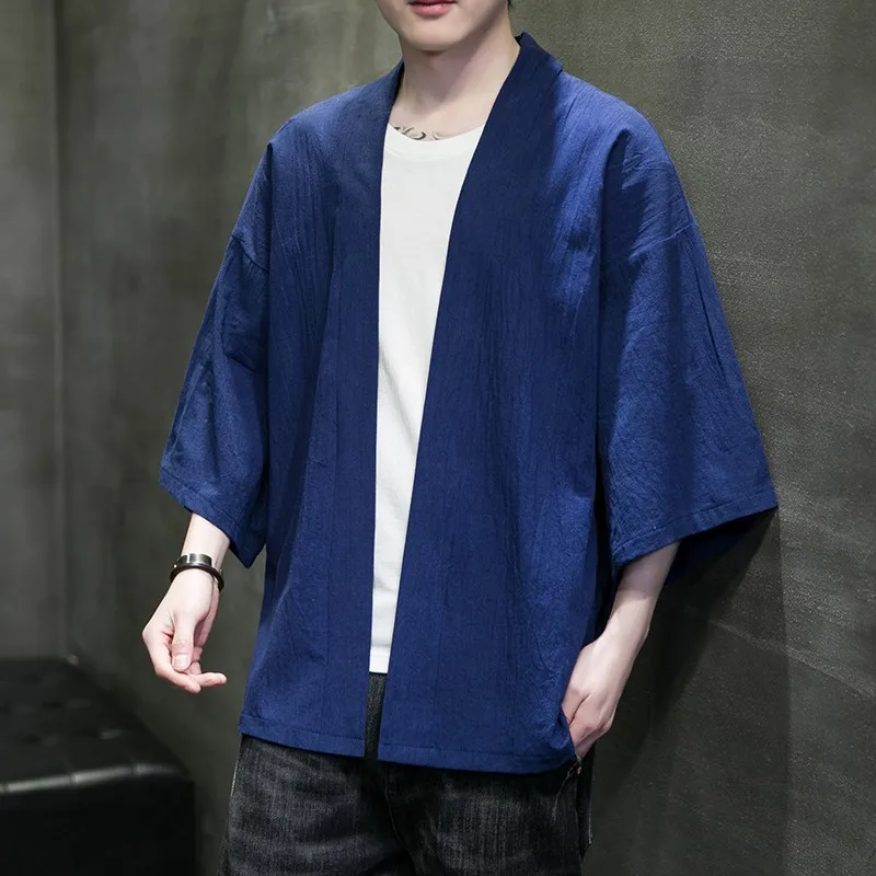 East Style Monk Clothing Zen Cardigan Shanghai Blue Oriental Clothe Plus Size Chinese Kimono Cotton Linen Meditation Costume Men