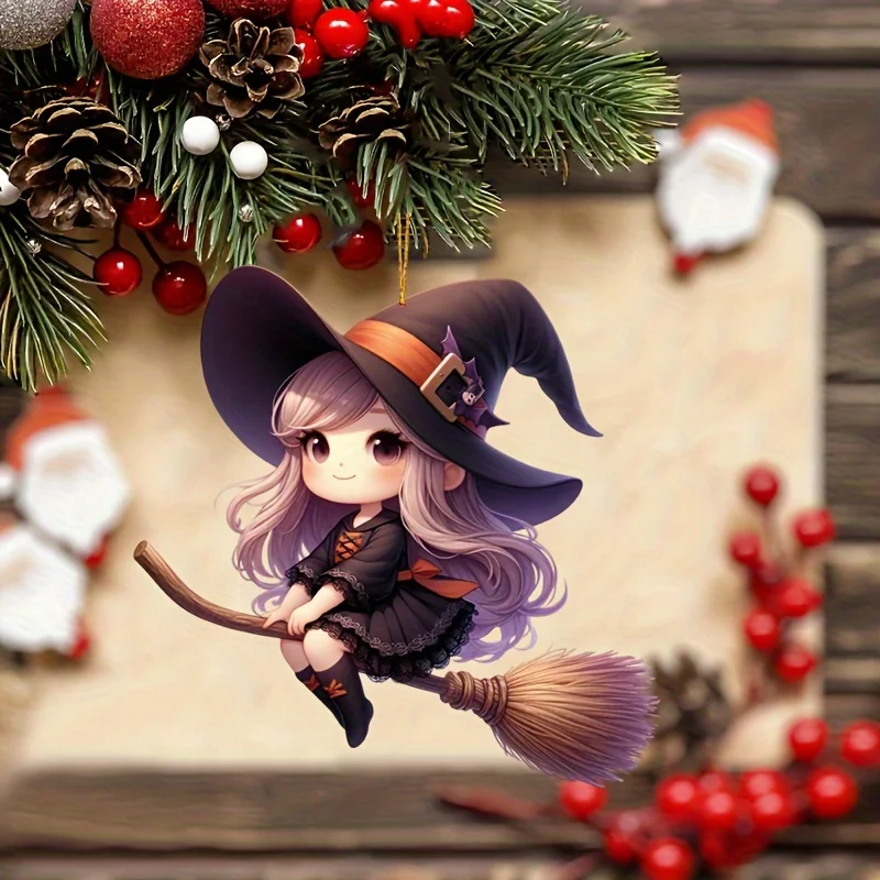 Cute Witch On The Broomstick Acrylic Decorative Pendant Car Accessories, 2D Flat Pendant Decoration Halloween Christmas Pendants