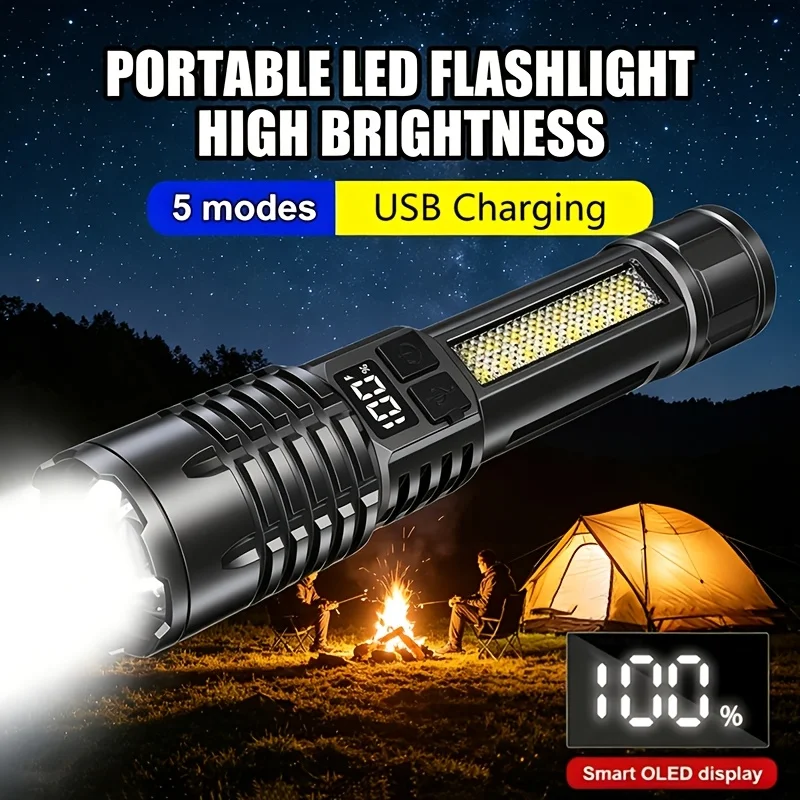 Lanterna LED de Alta Potência Portátil com Zoom, Recarregável Tipo-C, à Prova d'Água com Lâmpada Lateral COB para Acampamento e Caminhadas ao Ar Livre