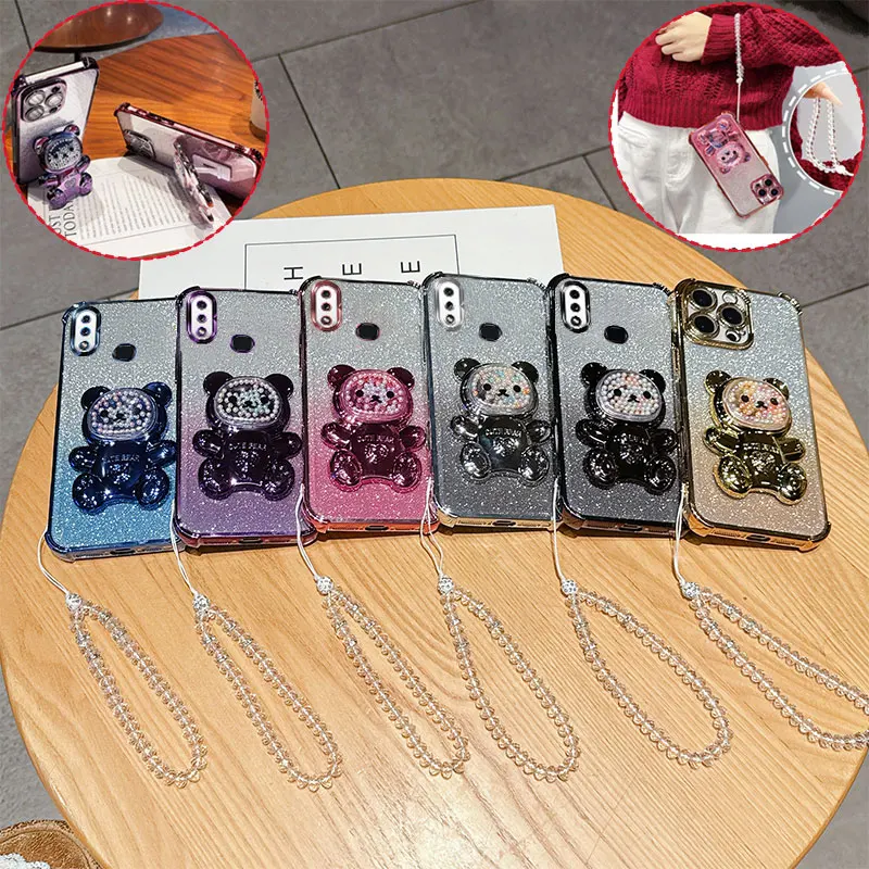 4 Corner Shockproof Phone Case with Cute Bear Stand Crystal Chain Lanyard Glitter Transparent For Samsung Galaxy A10s Back Cover