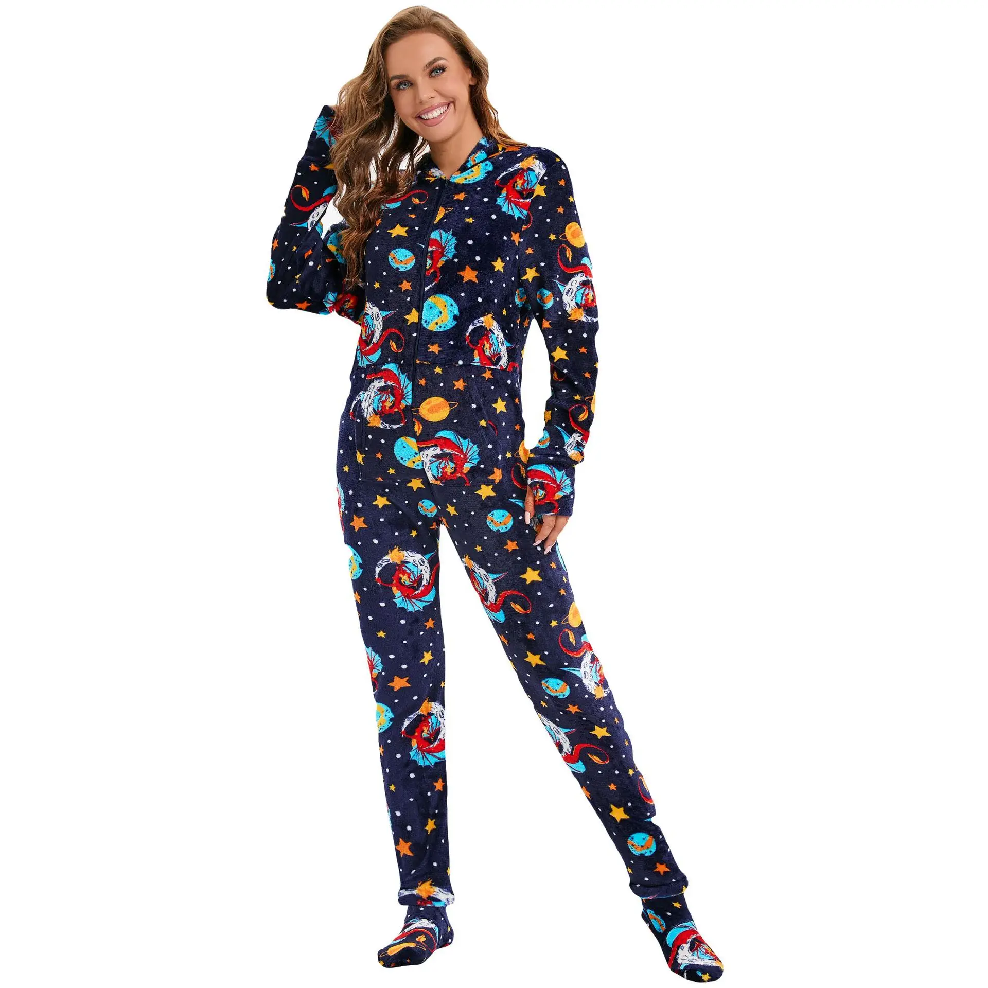 

Women Space Print Homewear Long Sleeve Nightwear Flannel Jumsuits Hooded Pockets Zipper Onesies One Piece Pajamas