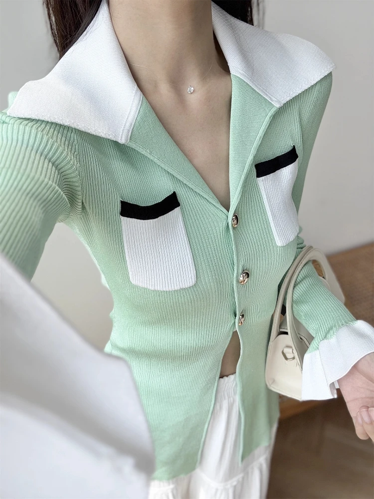 

Women’s Mint Green Knit Cardigan with Contrast Collar, Pocket Detail & Gold Buttons 2025 Autumn Elegant Long Sleeve Knitwear Top