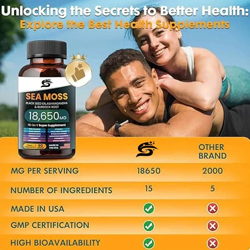 Sea Moss Supplement, 15 In 1 Mixed With Various Minerals Sea Moss Black Seed Oil South African Drunken Eggplant Ginger