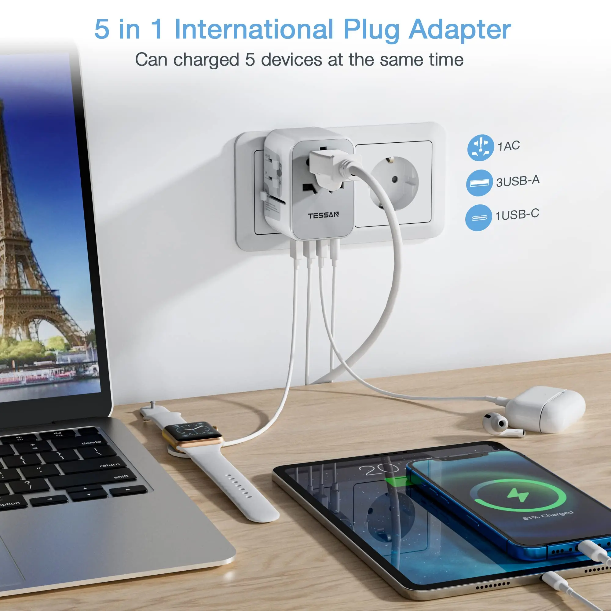 테산 국제 여행 어댑터 USB A 포트 및 타입 C 올인원 미국 EU 영국 호주 플러그 여행용