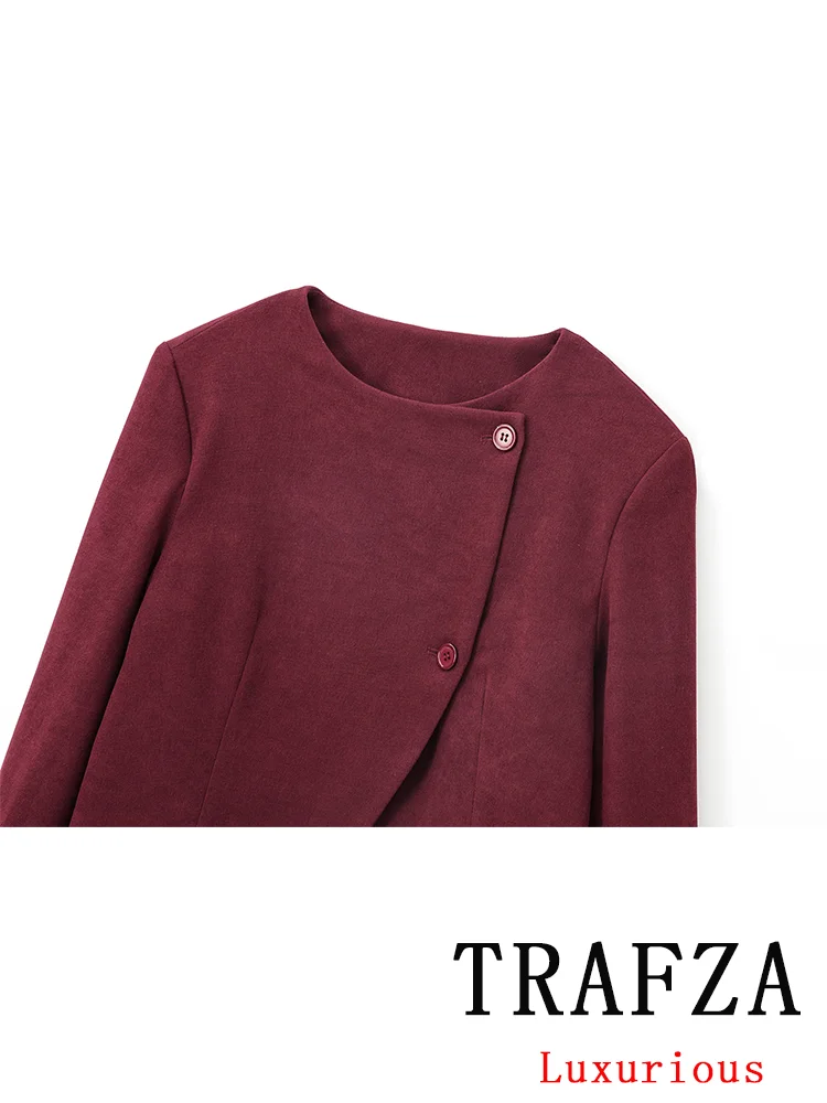 TRAFZA Vintage Casual Chic Women Jackets O-Neck Asymmetric Buttons Long Sleeve Coats New Fashion 2024 Autumn Winter Outwears