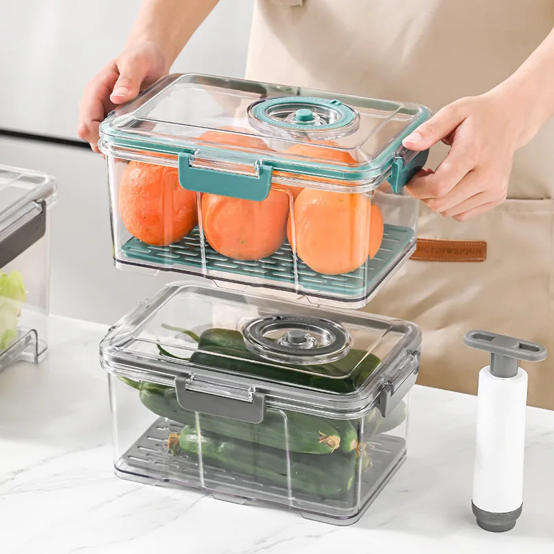 1.5/2.5L Vacuum Container Food Storage Box Hand Pump Sealed Fresh-Keeping Box with Drain Tray Fridge Kitchen Vacuum Storage Box