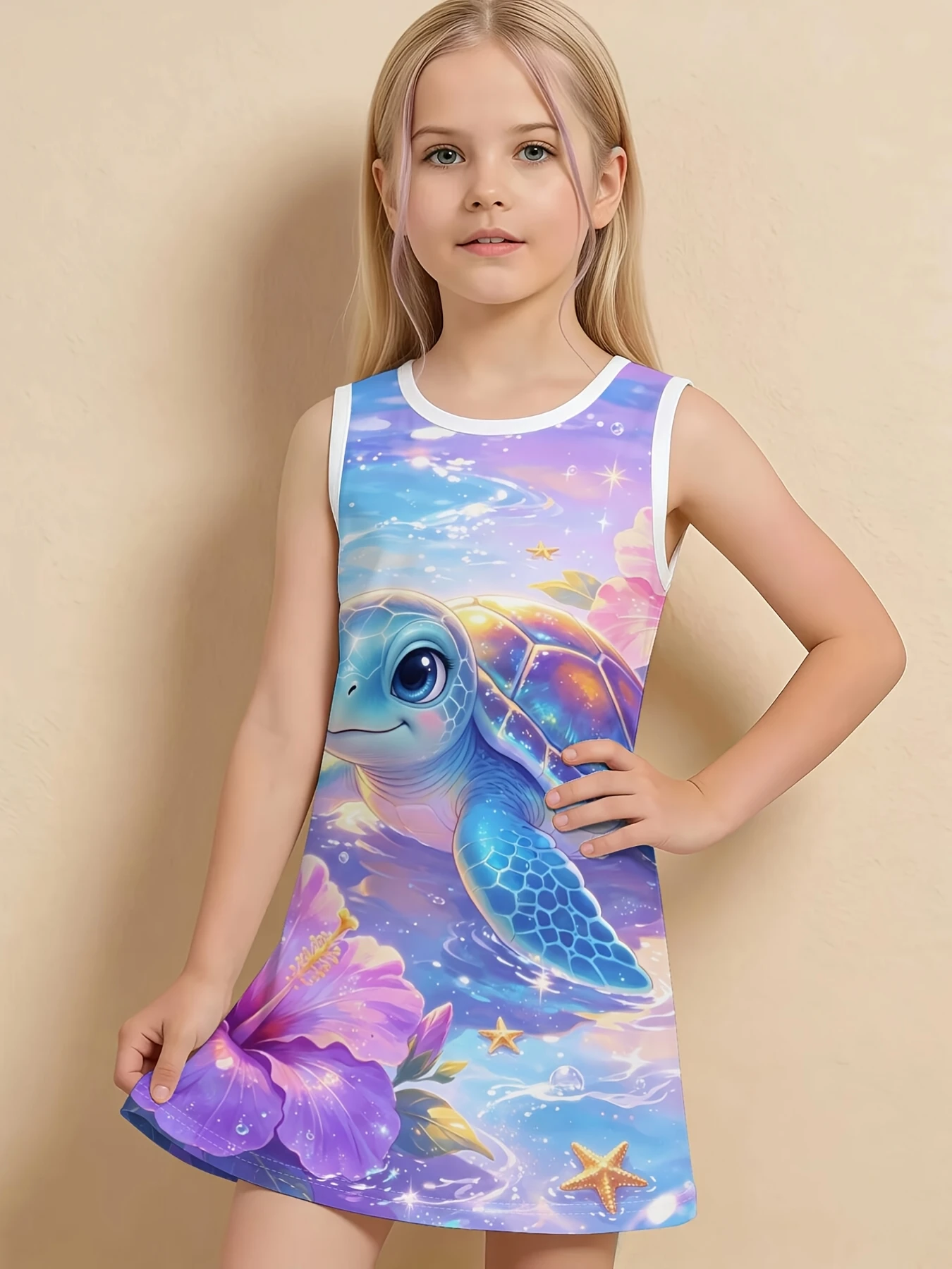 Kids Sleeveless A‑Line Dress Vivid Fruit Floral Print Contrast Neck Trim Casual Light Summer Daily Wear for Outdoor Play Trips