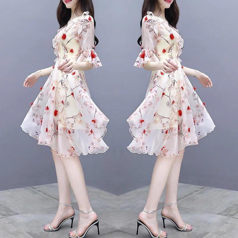 Women\'s New Fashion Ruffled Dress 2024 Summer Korean Fashion Slim Medium Long V-neck Chiffon Floral Dress Female A Word Skirt